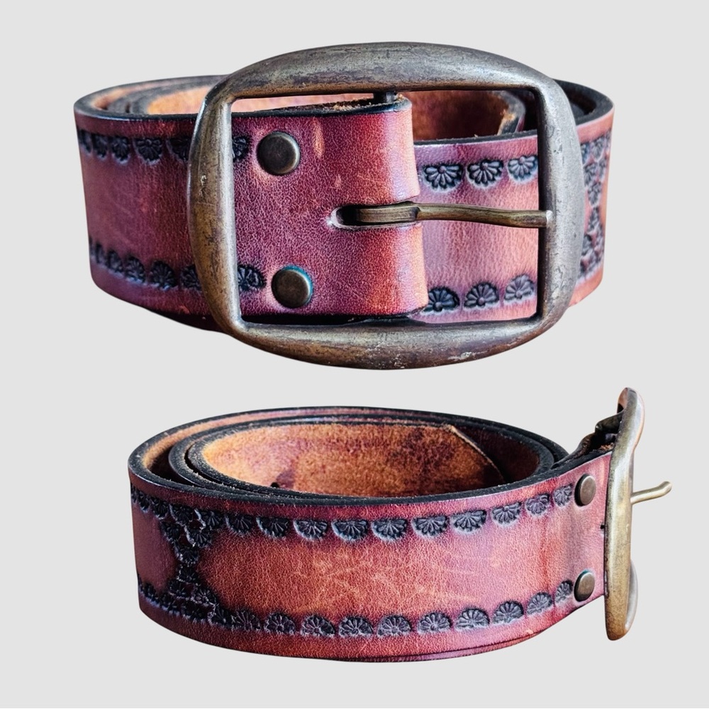 Vintage 90s Tooled Leather Belt Size 32 Western Boho - Picture 5 of 16